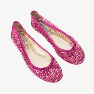 Jimmy Choo Weber Fuchsia Crystal-Embellished Satin Bow Ballet Flats